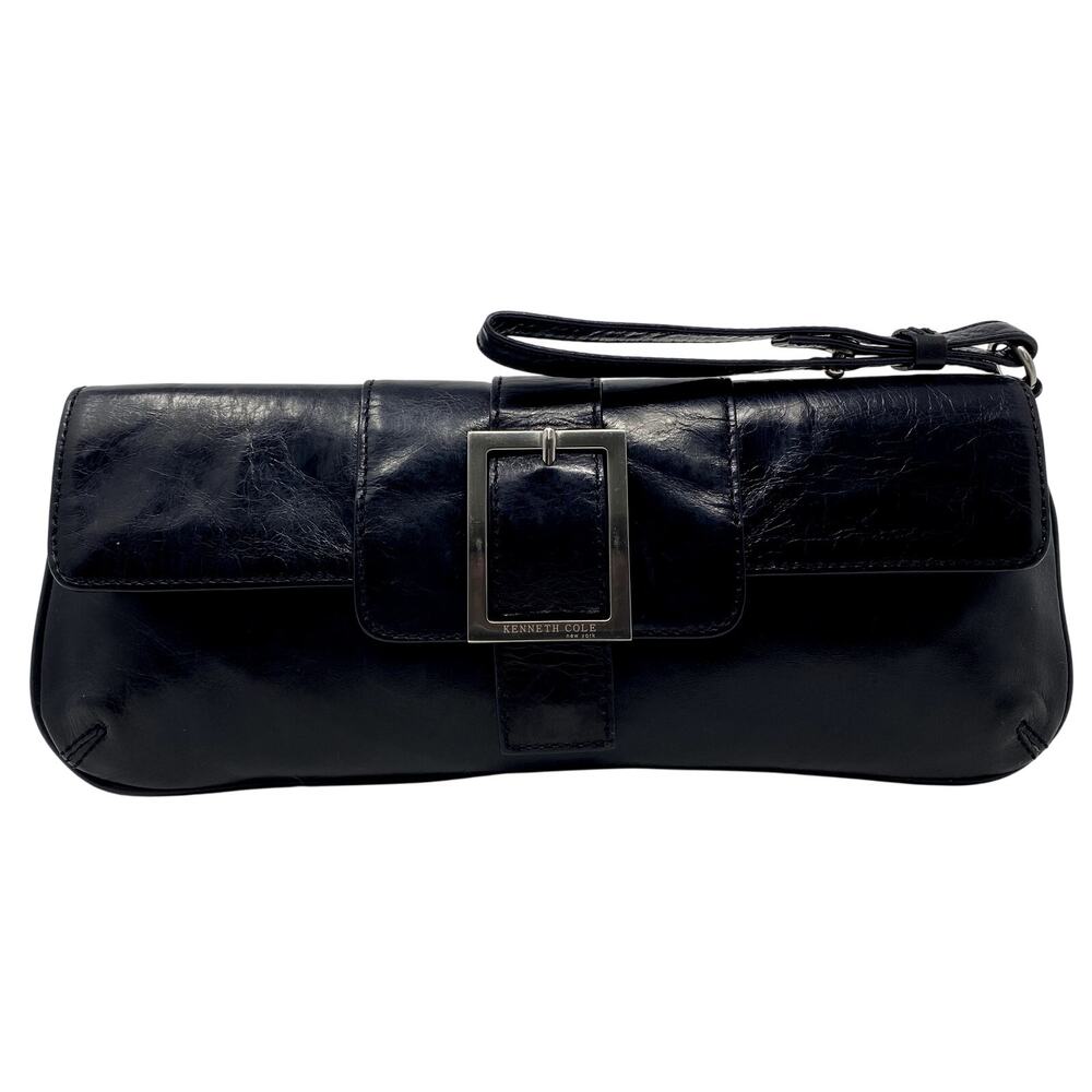 Kenneth Cole New York Black Leather Buckle Flap Clutch Baguette Bag Y2K Vintage